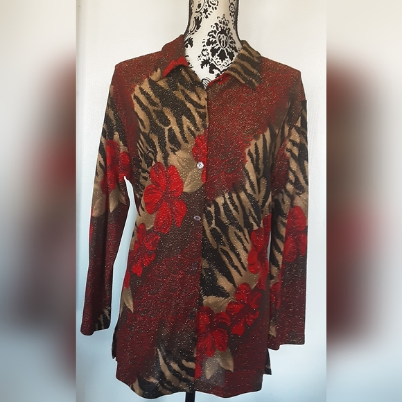 RED HIBISCUS & TIGER STRIPE BLOUSE M - Picture 1 of 5